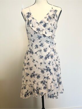 Cream Blue Floral Mini Wrap Dress | Casual Summer Wrap Dress‎